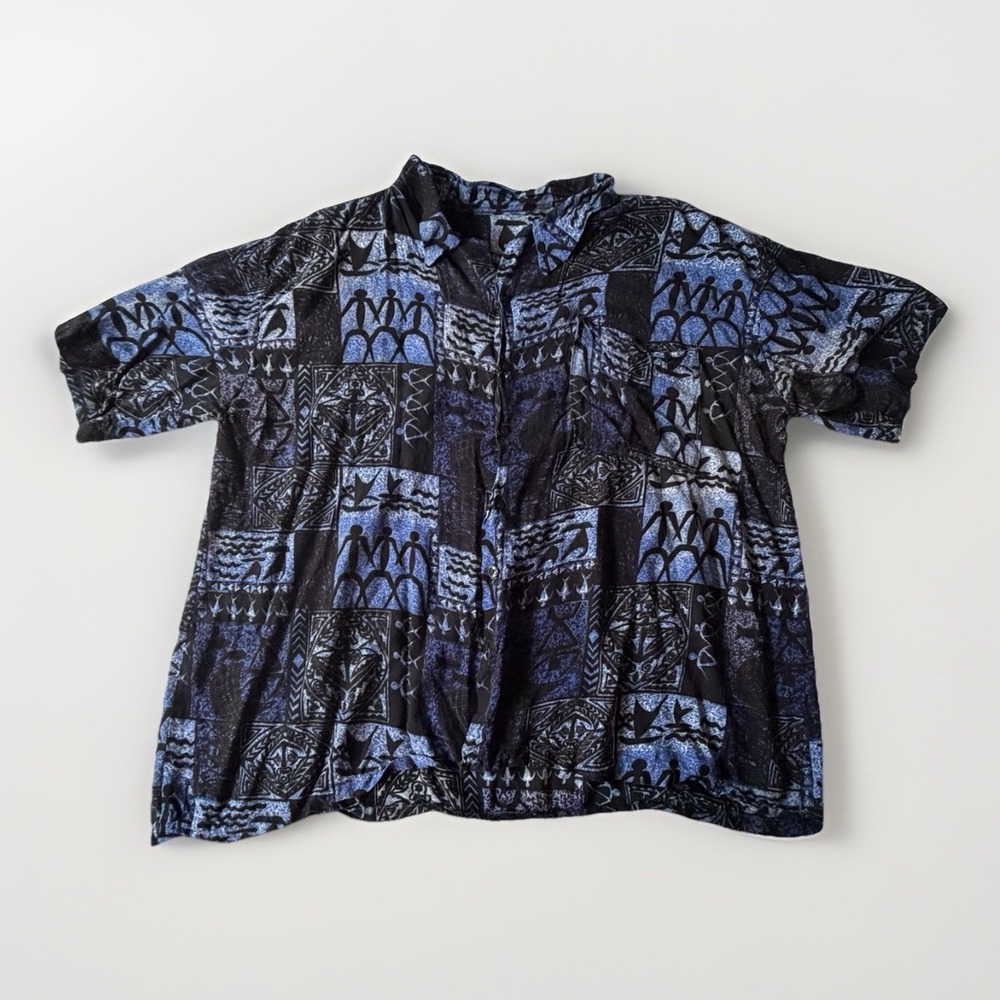 Vintage 3XL Hawaiian Aloha Shirt Blue Black Tribal‎ Primitive Art Rayon No Tag
